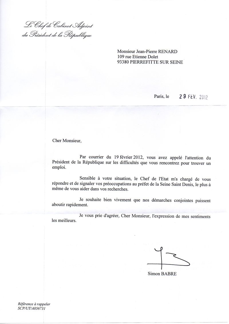 LETTRE DE LA PRESIDENCE DE LA REBUBLIQUE